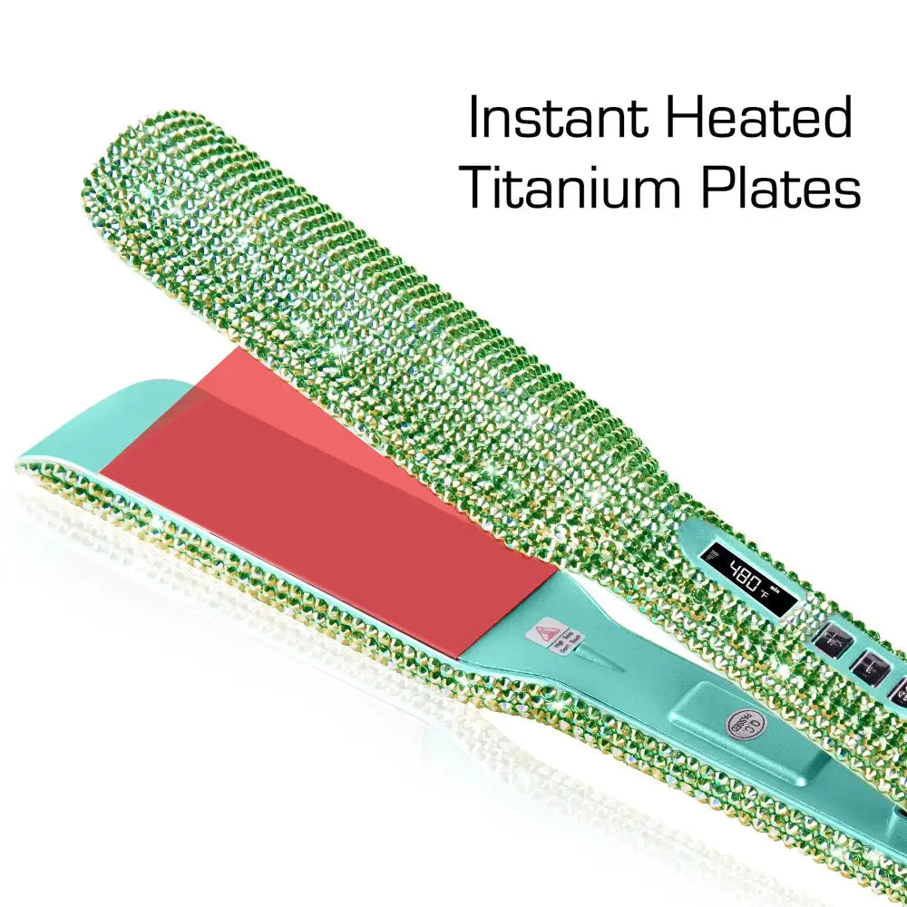 Rhinestone titanium hair straightener with turquoise body and 2-inch plates