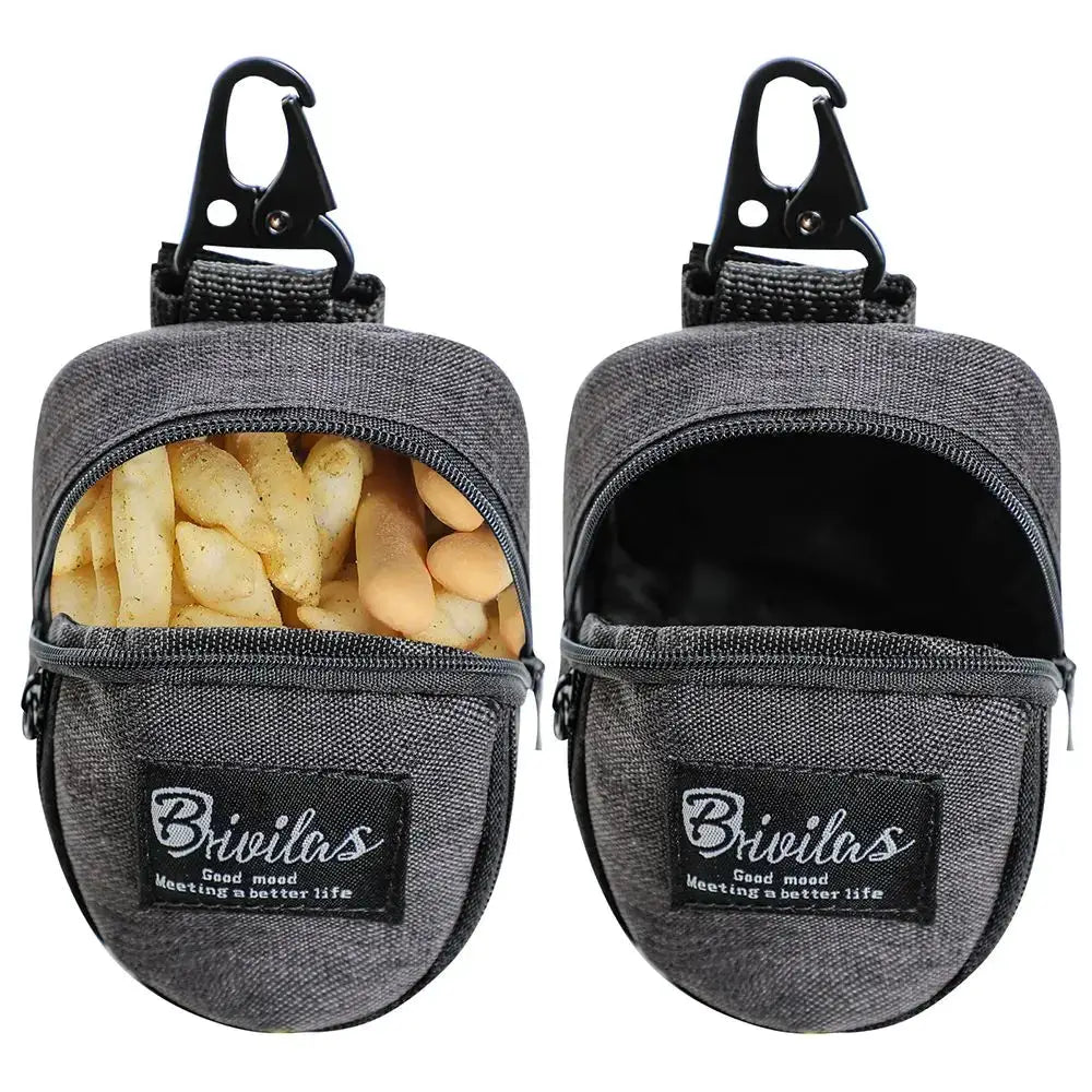 Dog treat pouches, gray fabric with carabiner clips, Brivilas patch, two-pack with snacks.