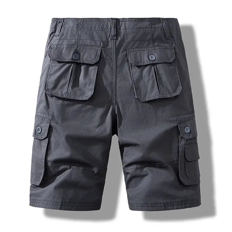 Men's dark gray cargo shorts with multiple flap pockets and button closures