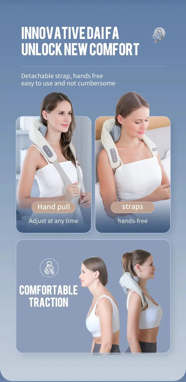 Foreverlily neck and shoulder massager, wireless 26W brushless, shown on two models with straps
