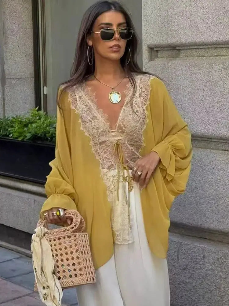 TFMLN women's lace patchwork lantern-sleeve sheer blouse with tie-up front in mustard yellow, Simples Market