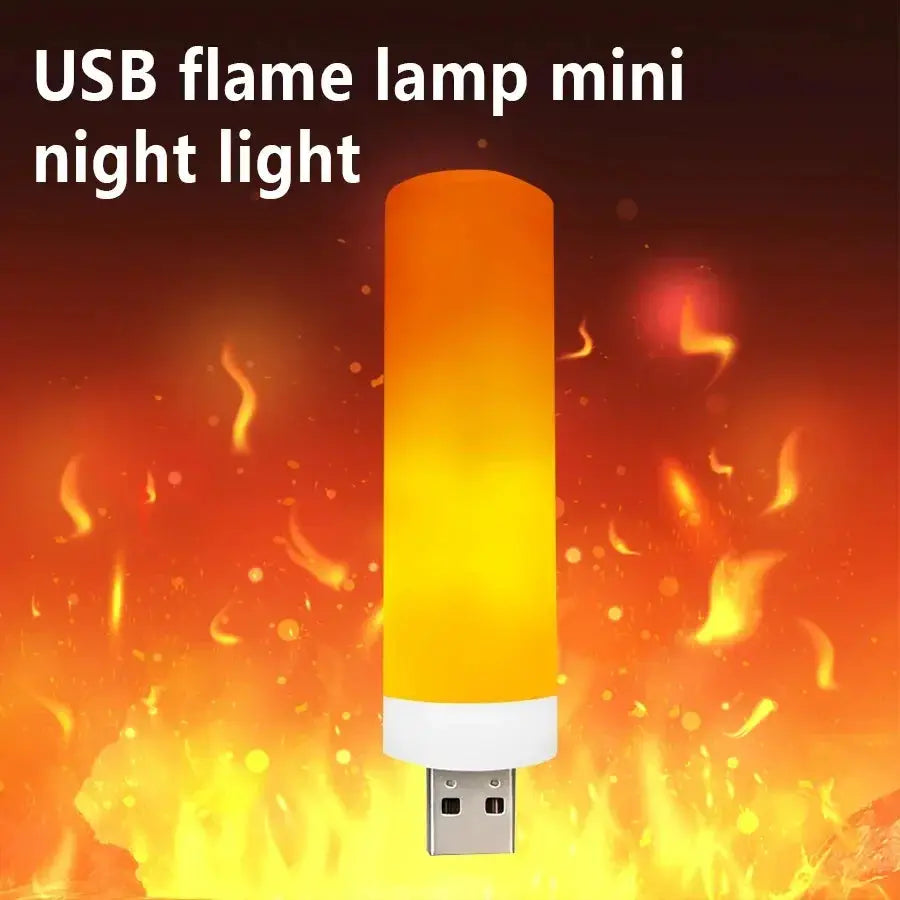 USB LED night lamp with flickering orange-yellow flame and USB plug base by Simples Market