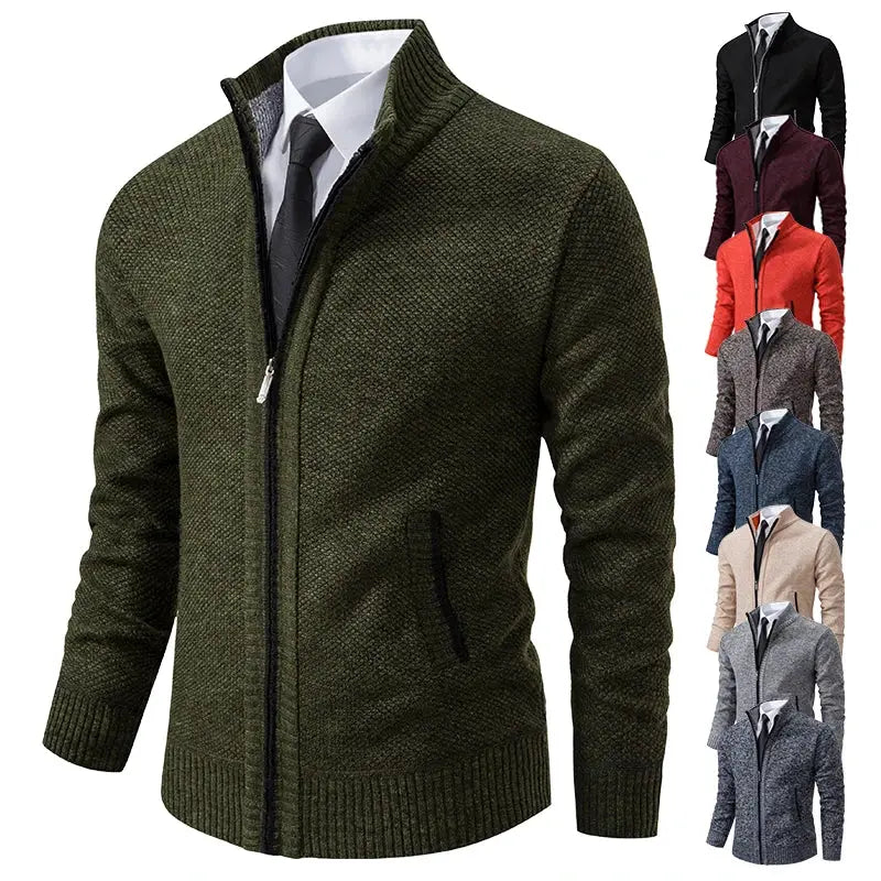 Mens Autumn Winter Solid Color Casual Sports Coat Stand Collar Fleece Lined Zipper Cardigan Warm