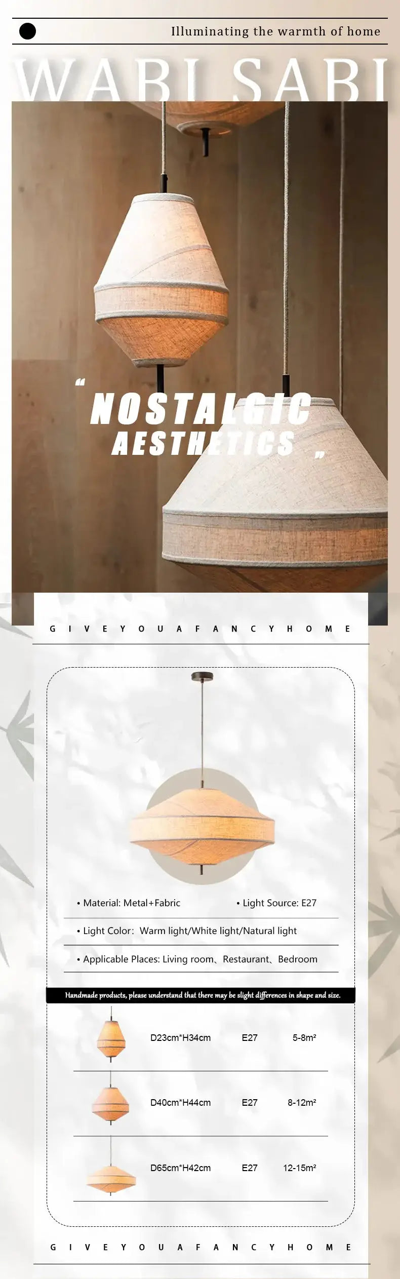 Wabi Sabi fabric pendant lights by Simples Market; two warm beige textile shades for living room or restaurant decor