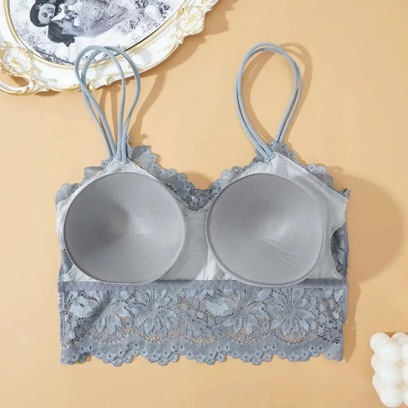 Simples Market lace bralette top in light gray-blue, wireless longline with scalloped floral lace hem.