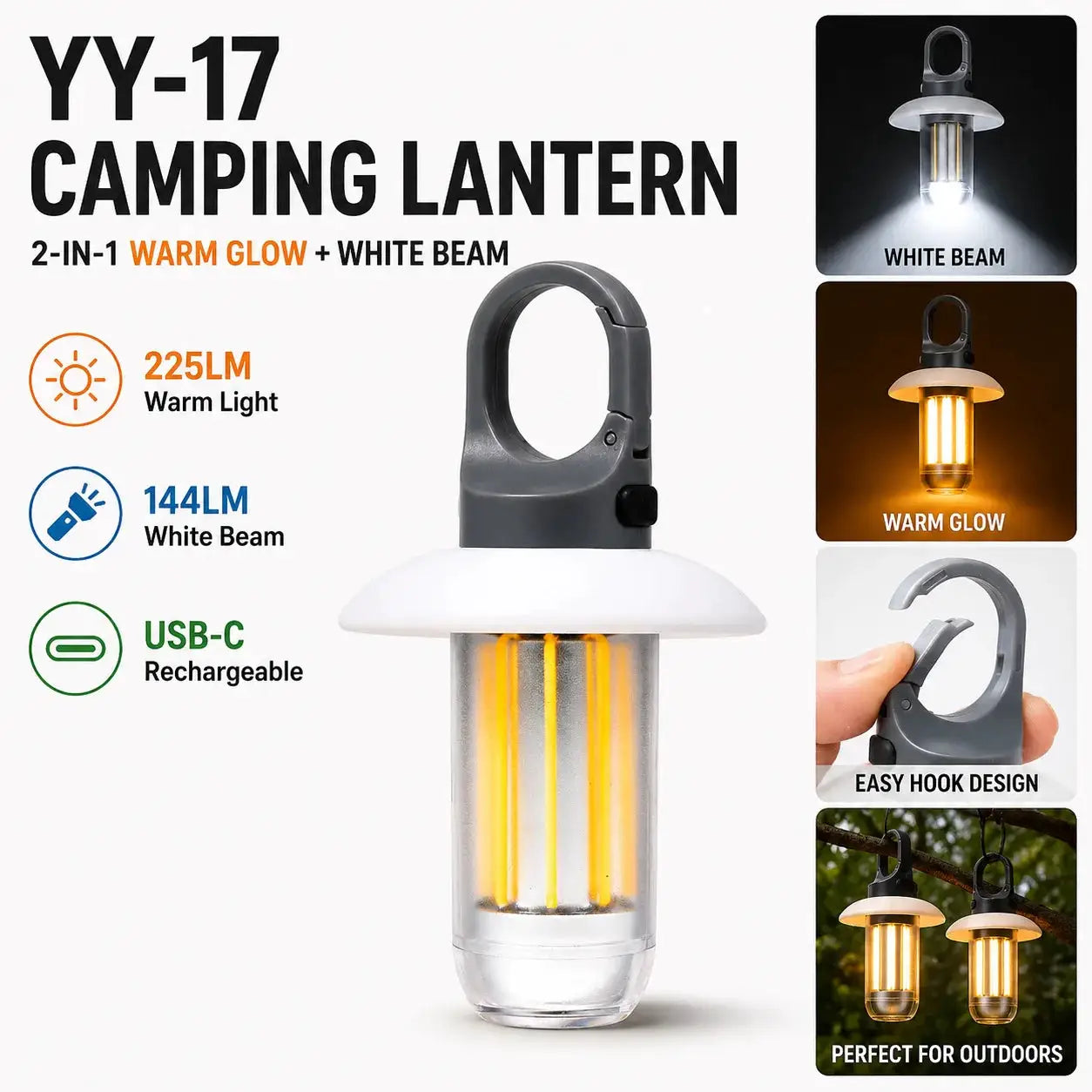 Simples Market YY-17 camping lantern; USB-C rechargeable LED with warm glow and white beam, hanging tent light