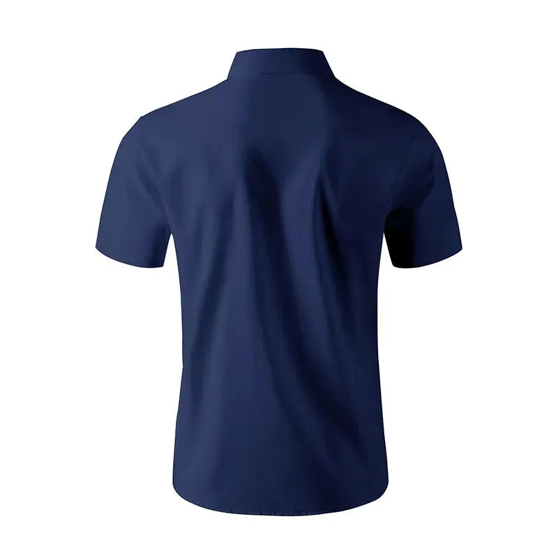 Men's navy blue short-sleeve business casual shirt, back view; solid color versatile top.