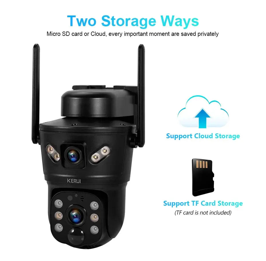KERUI outdoor waterproof solar security camera with dual lenses, black with antennas, supports cloud or TF card storage