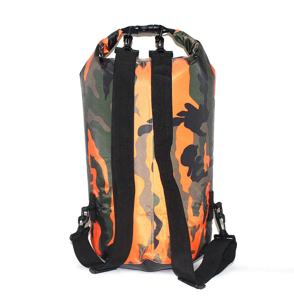 Dry bag waterproof by Simples Market, orange camouflage pattern with black shoulder straps