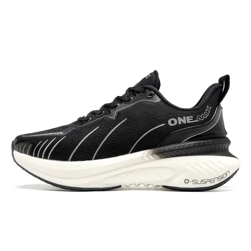 ONEMIX running shoes for men, black mesh upper with white cushioned midsole, lace-up, O-SUSPENSION.
