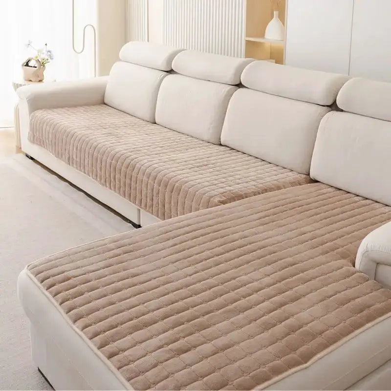Sofa cushion covers set by Simples Market; tan plush velvet quilted non-slip cushions for a sectional living room