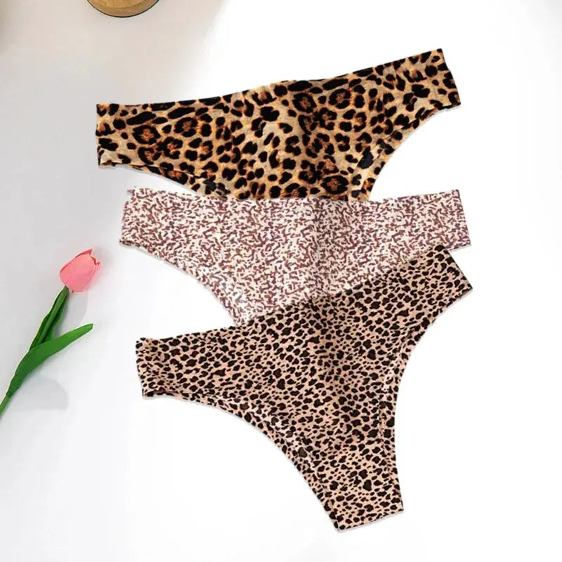 WarmSteps 3Pcs leopard print thong set for women in seamless ice silk fabric