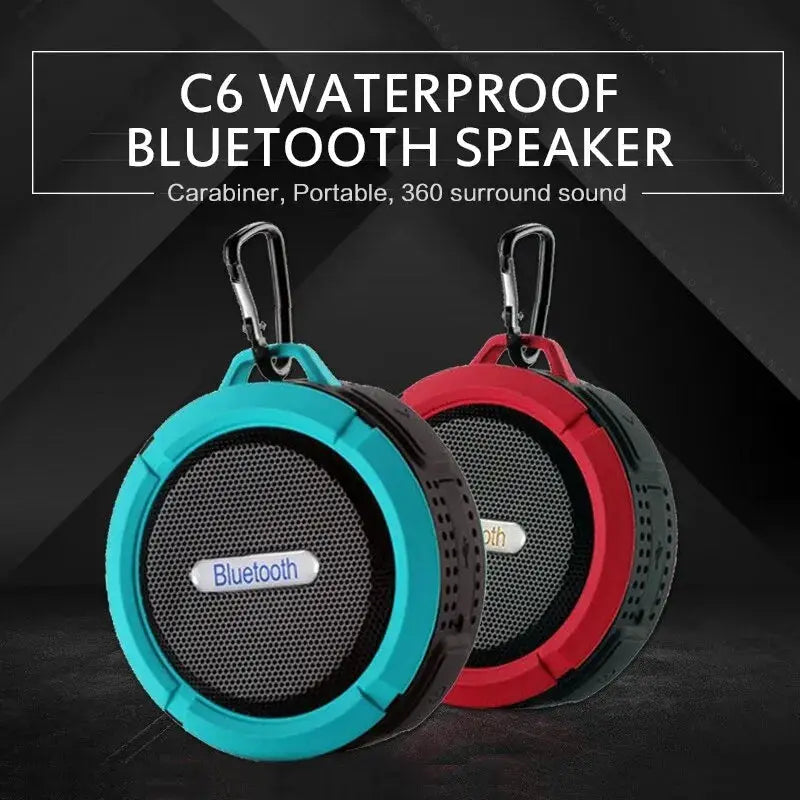 Simples Market C6 waterproof Bluetooth speaker, two round teal and red portable speakers with carabiner clips