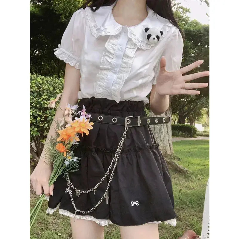 Deeptown Kawaii Lolita blouse, white lace-collared top with ruffles and puff sleeves, panda pin