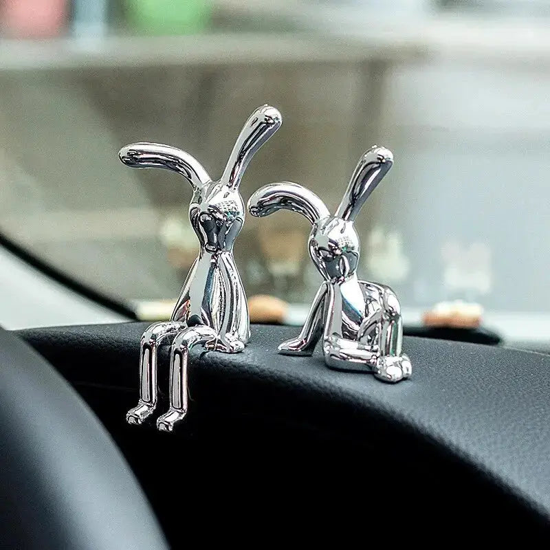 2 Piece Long Eared Rabbit Statues Set Cartoon Silver Electroplated Desktop Ornament for Home Living Room Car Decor
