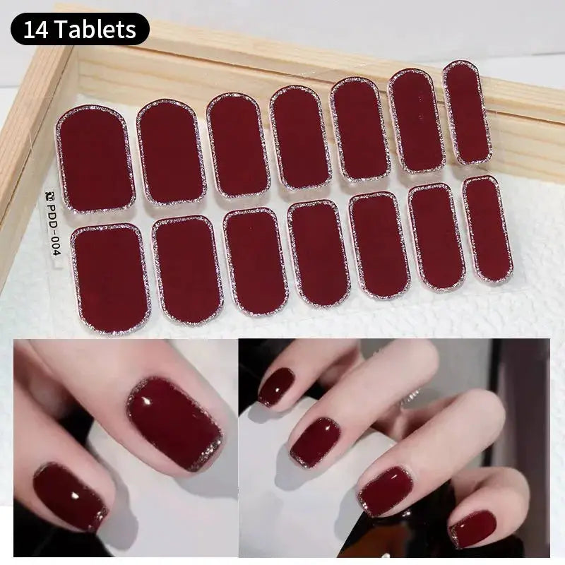 Simples Market full-cover burgundy nail stickers (14 tablets) with silver glitter edge for self-adhesive manicure