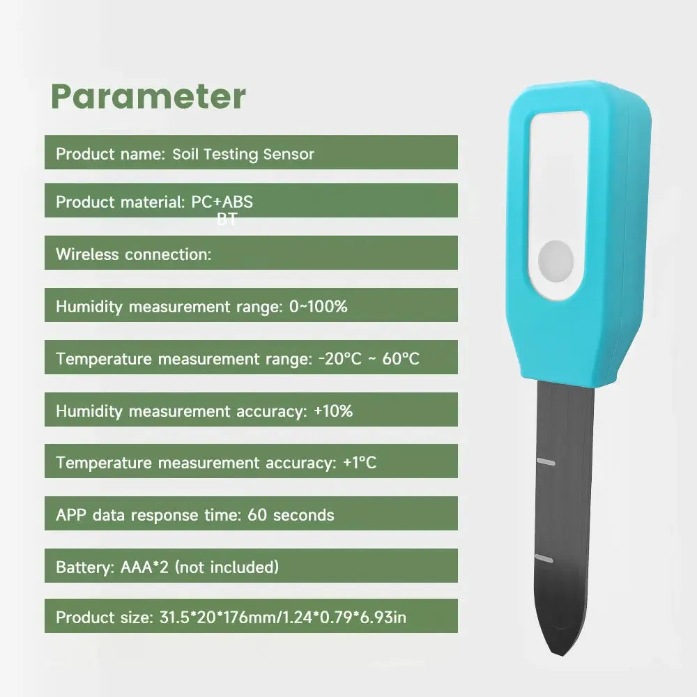 Simples Market Tuya Bluetooth soil tester with turquoise body and long gray probe, compatible with Alexa and Google Home