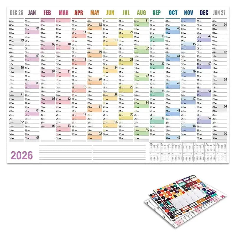 Simples Market 2026 daily calendar wall planner sheet with color-coded months and sticker sheets