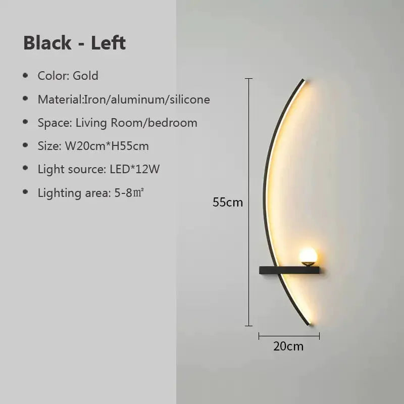 LED wall lamp curved black fixture with warm light, 55 cm tall, for living room or bedroom by Simples Market