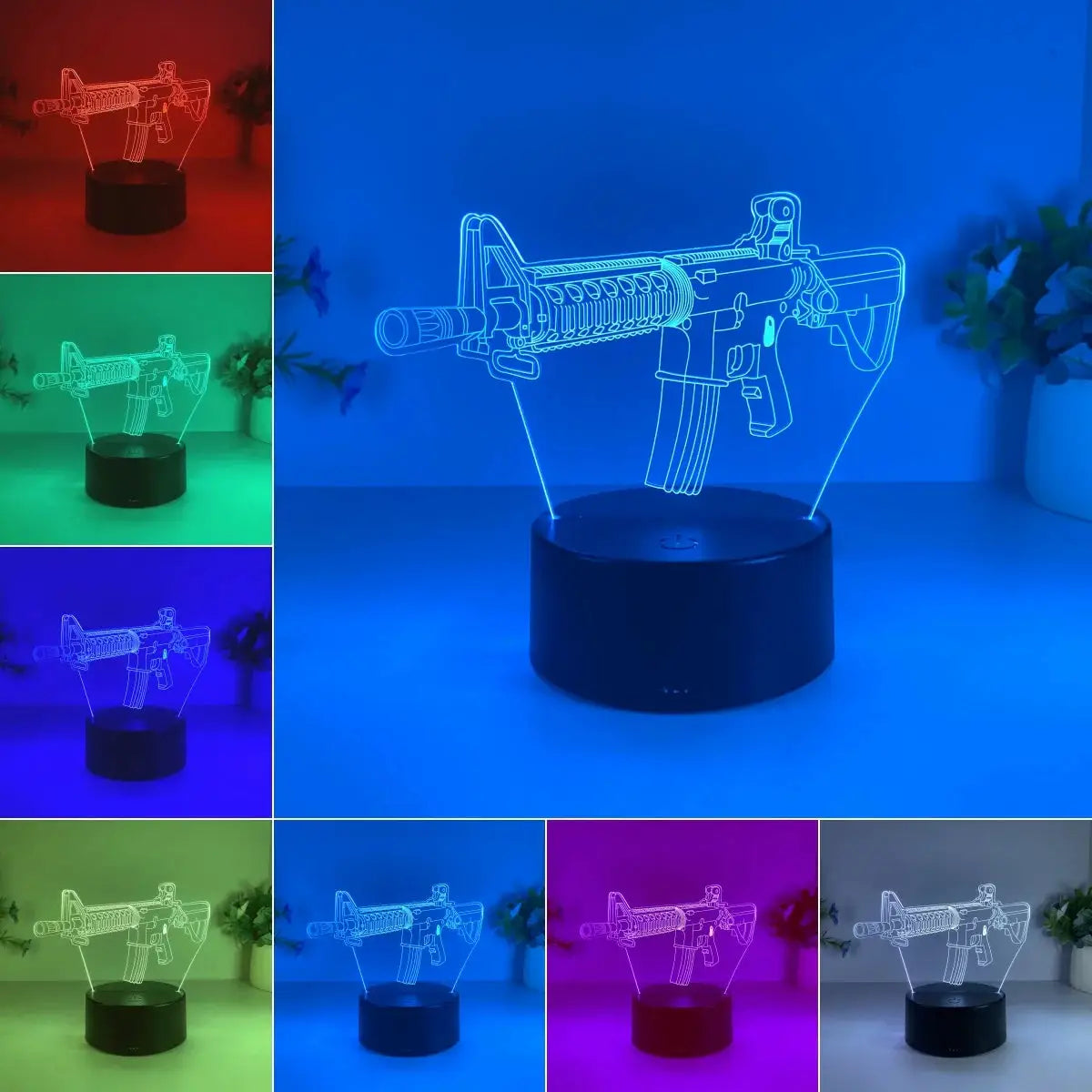 Submachine gun model night light, USB-powered blue LED tabletop lamp with multi-color options, Simples Market