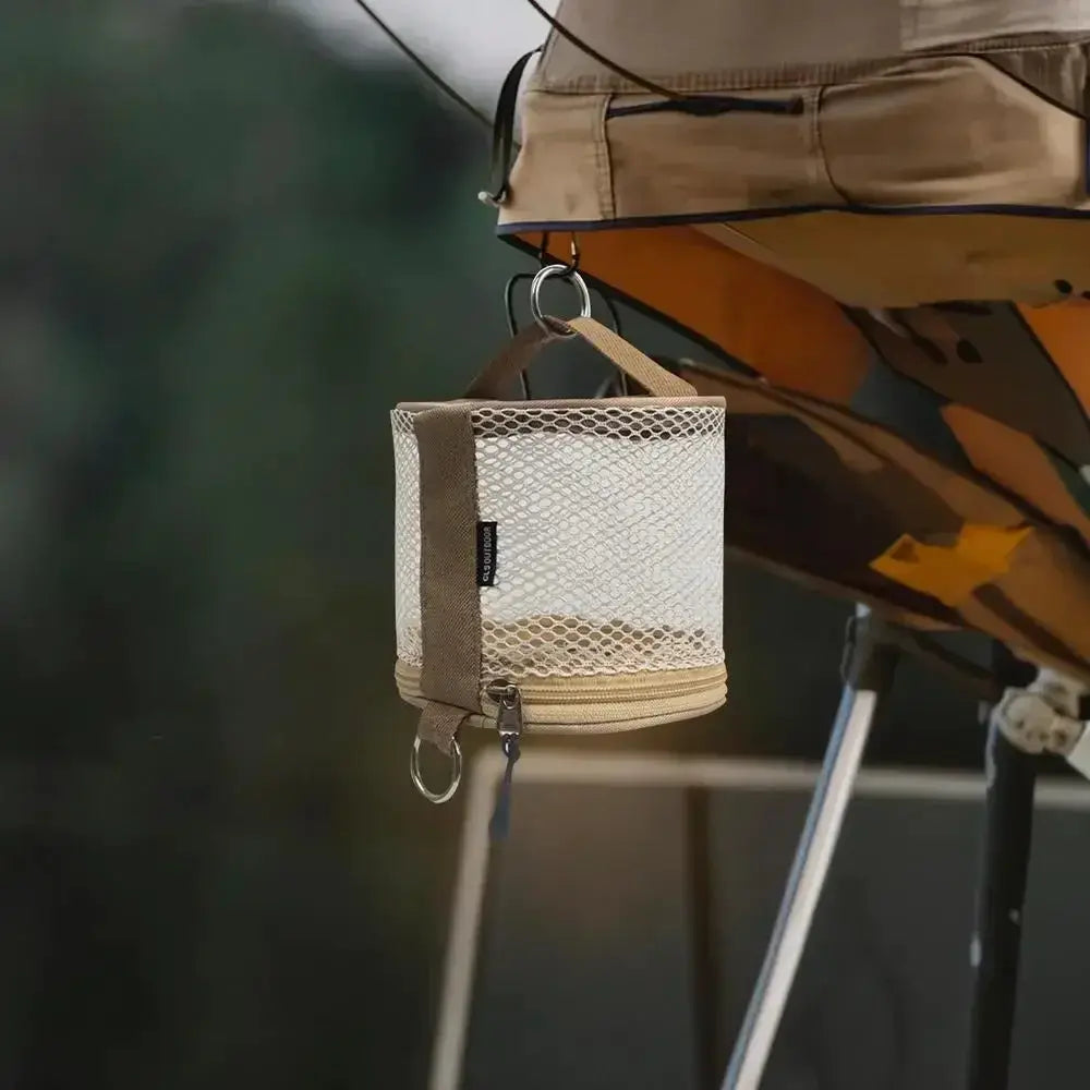 Simples Market camping tissue case with hook; beige mesh tissue holder for tents