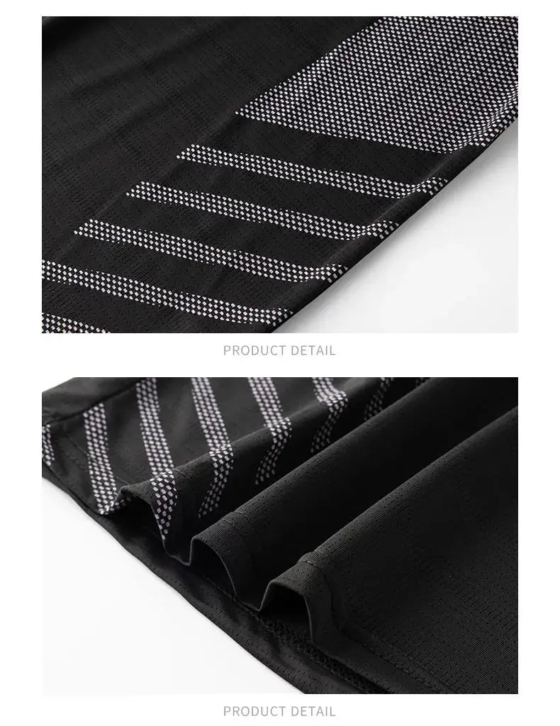 Men's black running T-shirt with white reflective stripes, quick-dry breathable fabric, short sleeves.