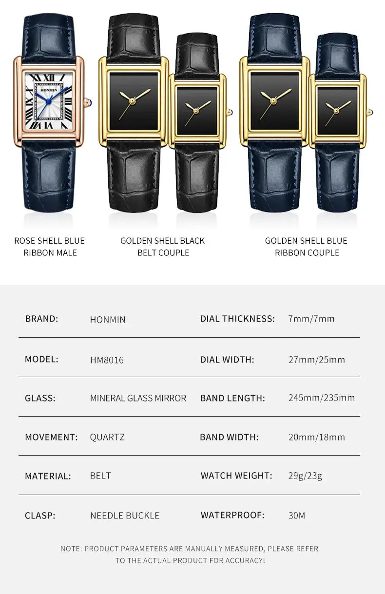 HonMin five-watch set for him and her; leather straps, quartz wristwatches with blue/black bands and gold rose-gold cases