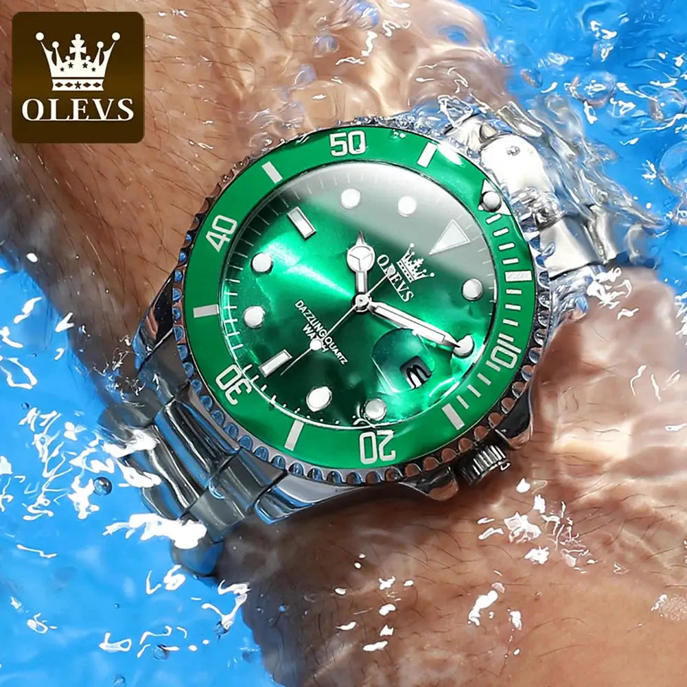 OLEVS 5885 men's stainless steel strap green quartz watch with calendar, luminous dial, water resistant.