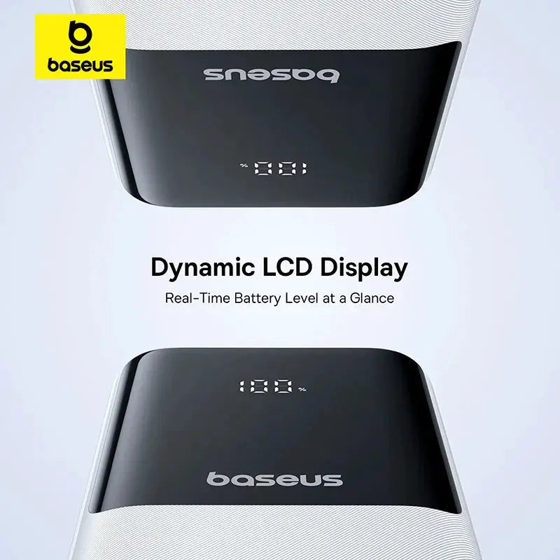 Baseus 20000mAh PD power bank with dynamic LCD display, black finish and fast charging