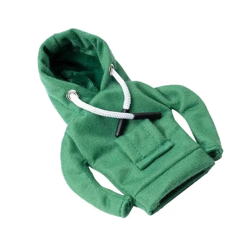 Gear shift hoodie cover for car interior, green fabric with white drawstrings
