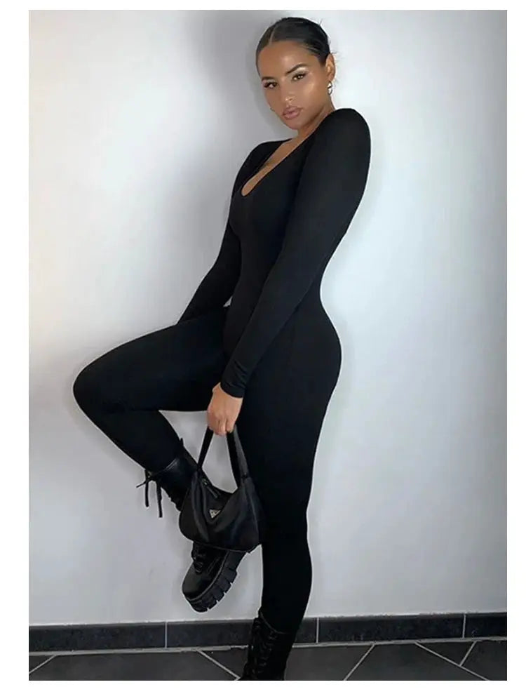 Simples Market women's black solid long-sleeve skinny jumpsuit, form-fitting one-piece