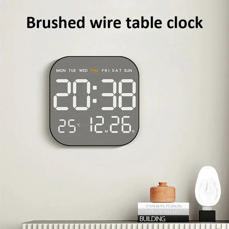 Mirror brushed-finish wall clock with silent movement; digital time, date and temperature display.