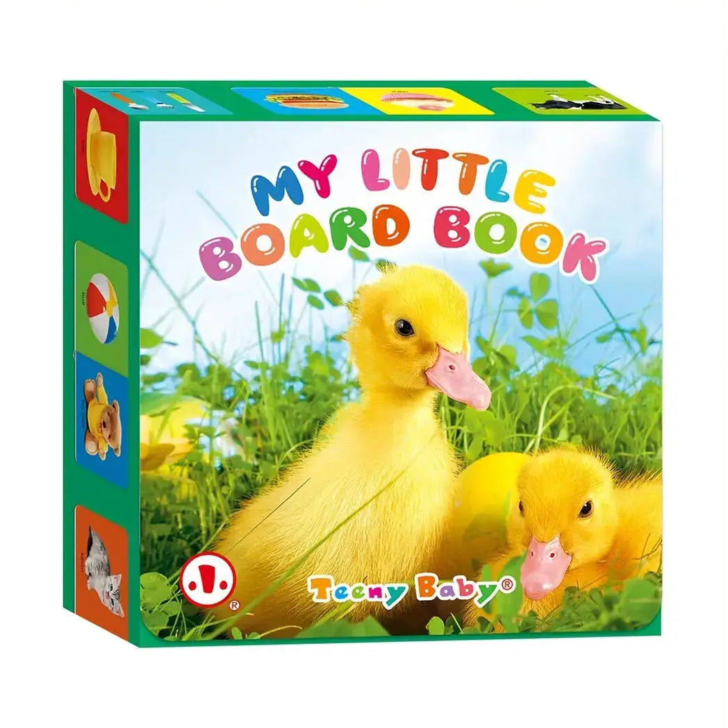 My Little Book interactive sensory card book, Teeny Baby, bright colors with two yellow ducklings.