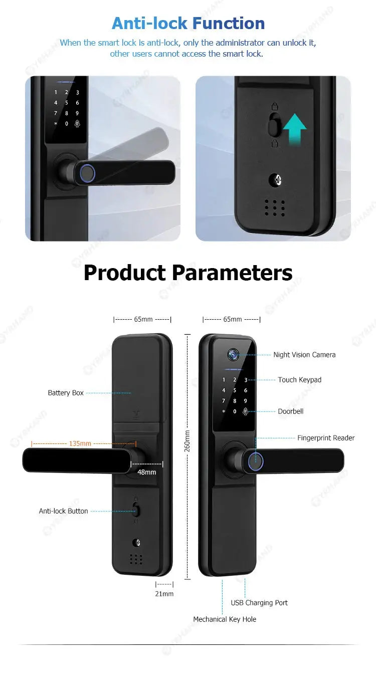 YRHAND H01 smart door lock with biometric fingerprint reader and night vision camera, black