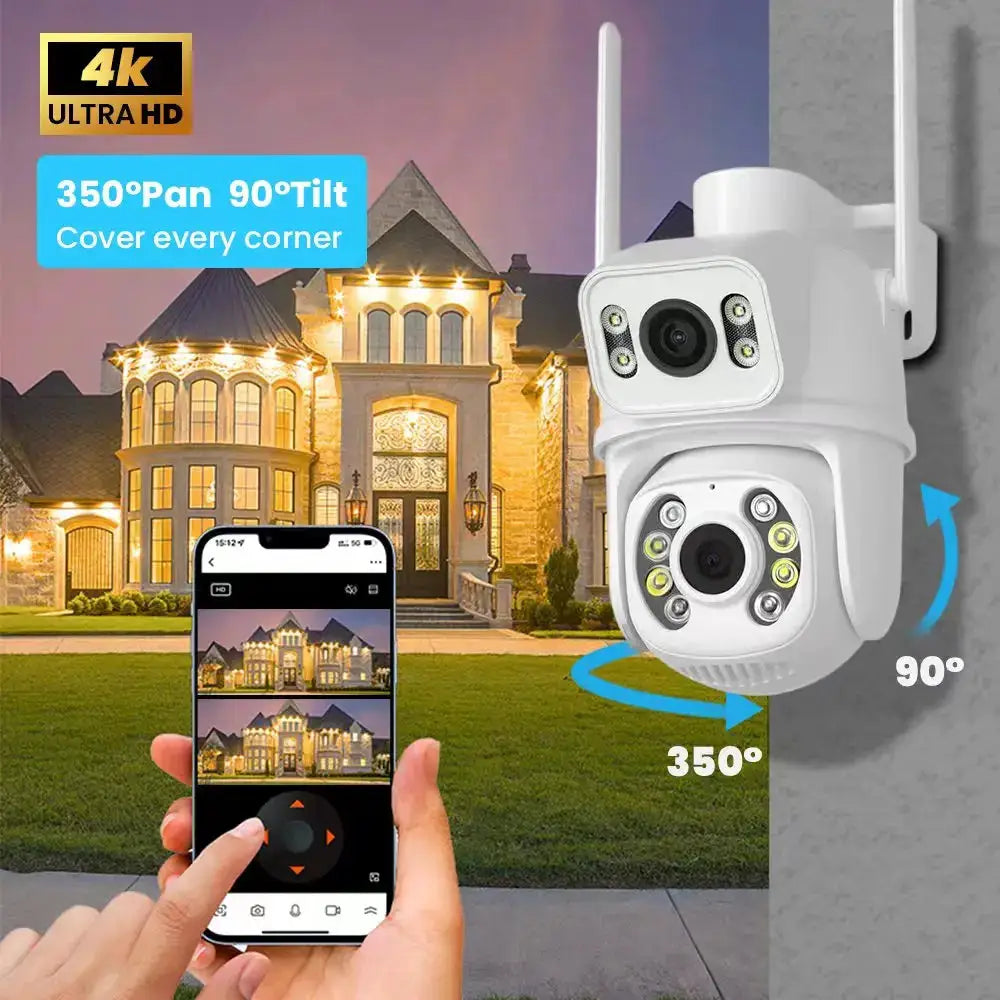 Simples Market 4K outdoor wireless security IP camera with dual lenses, white PTZ, 350° pan and 90° tilt.