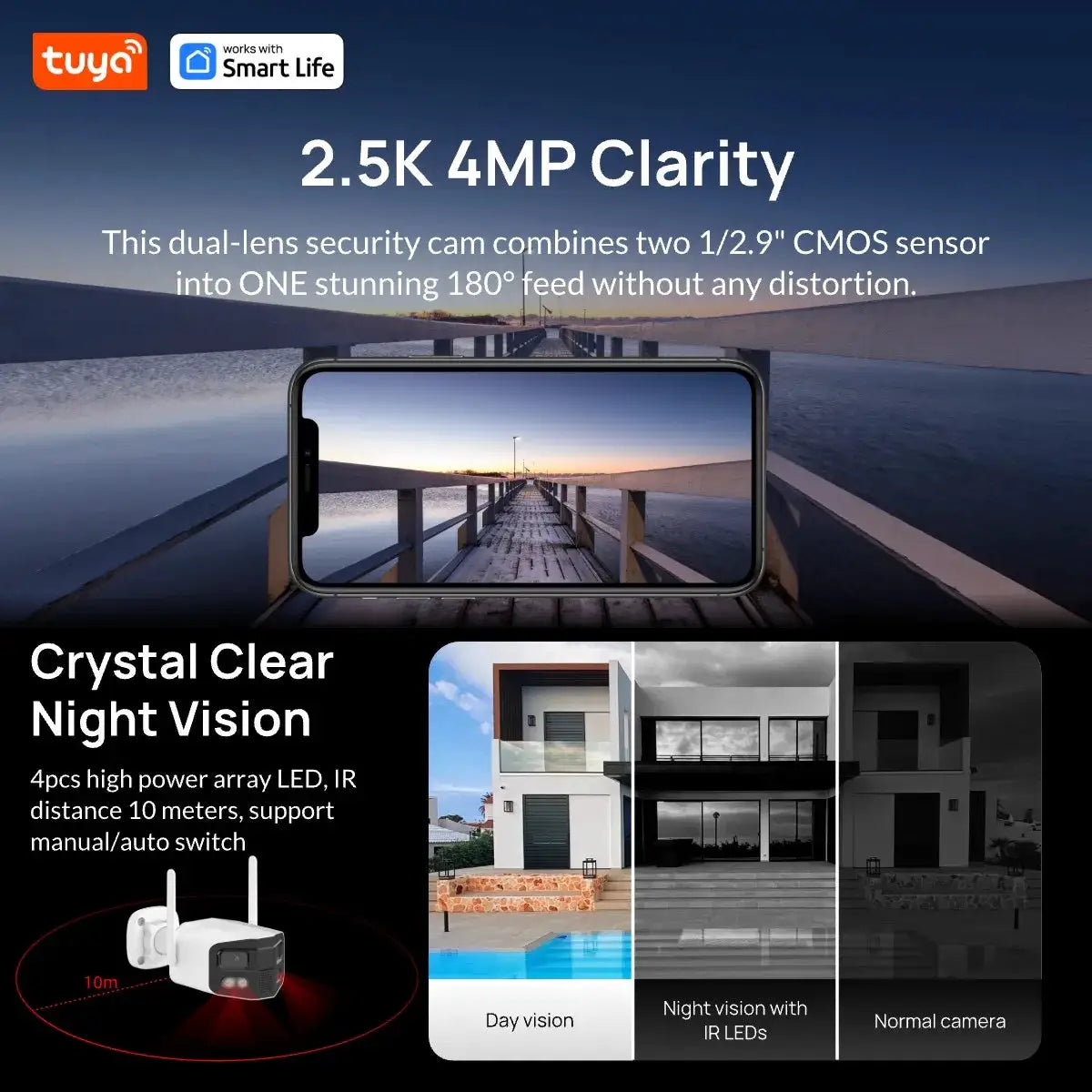 Tuya Smart outdoor security camera, 4MP/2.5K dual-lens, 180° wide view, color night vision, siren, 2-way talk