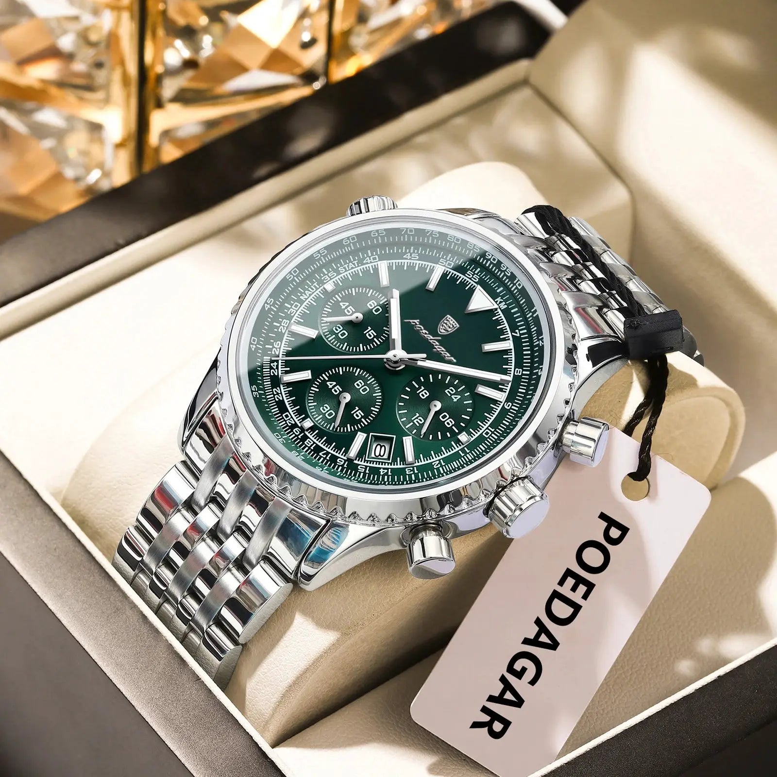 POEDAGAR men's stainless steel chronograph watch with green dial and luminous hands