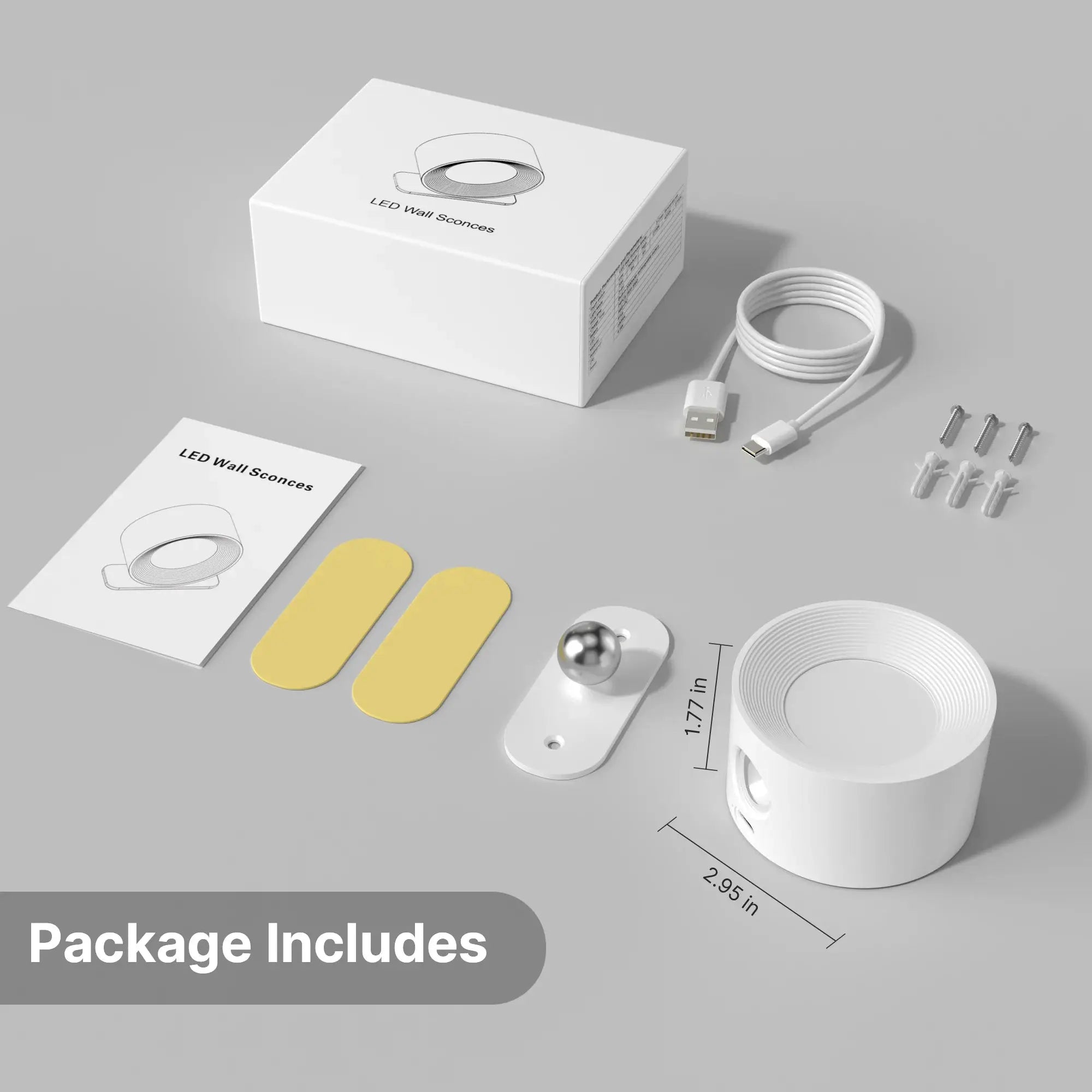 LED Indoor Wall Lamps by Simples Market; white packaging features a lamp sketch with USB cable and mounting hardware.