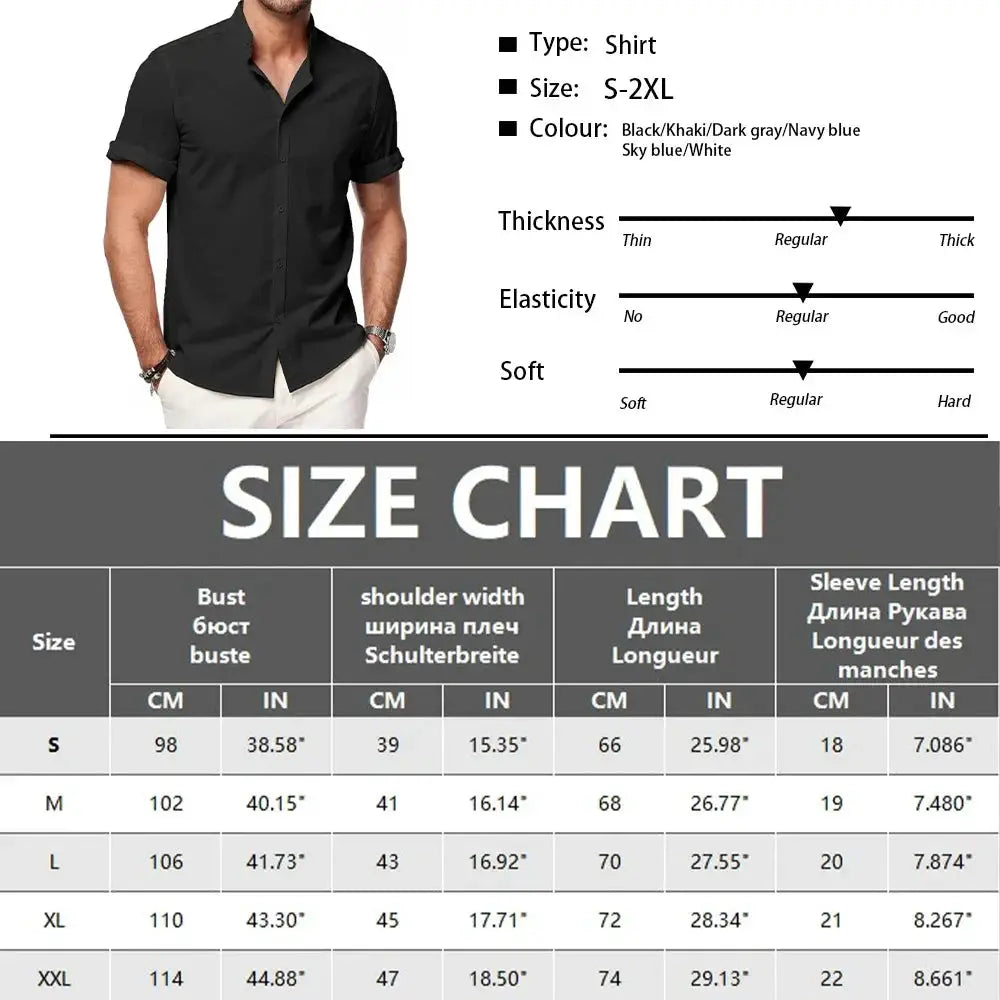 Simples Market black men's summer short-sleeve shirt with stand-up collar, breathable linen top