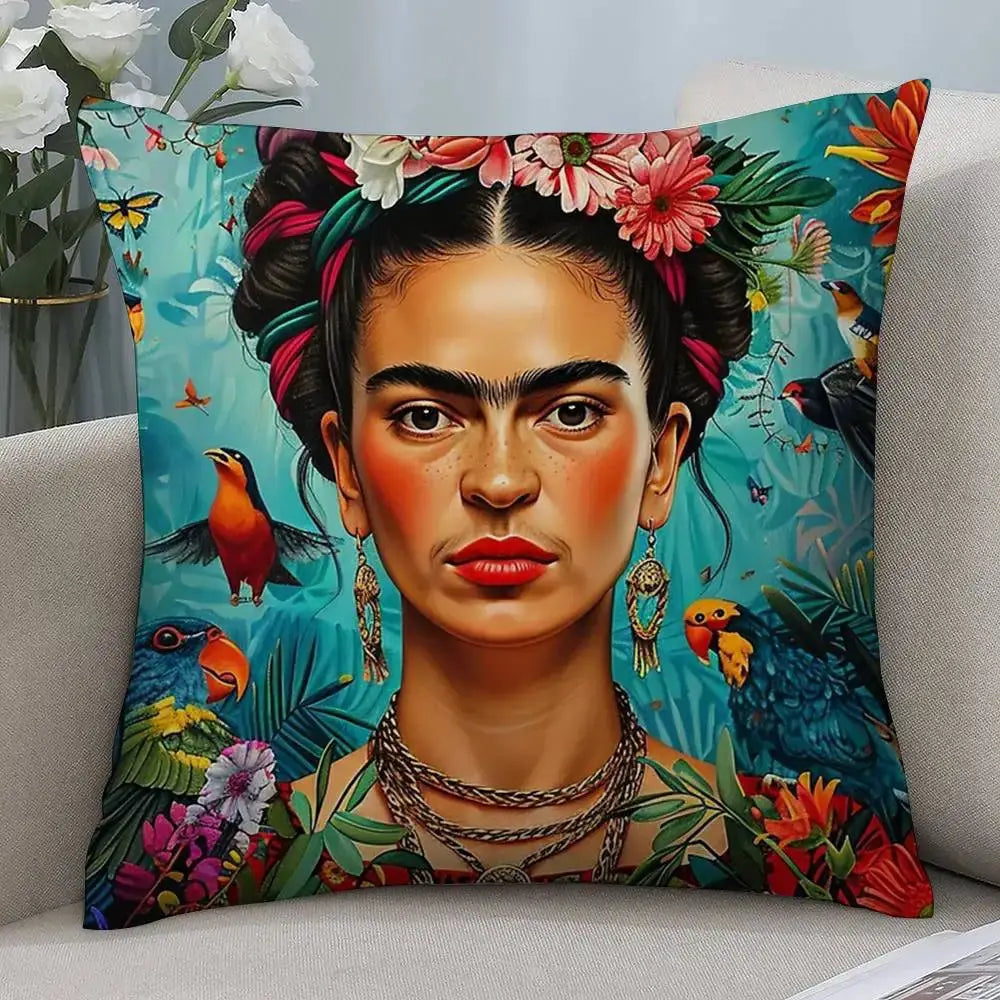 Frida Kahlo art pillow case, short plush, double-sided print; teal square throw pillow cover.
