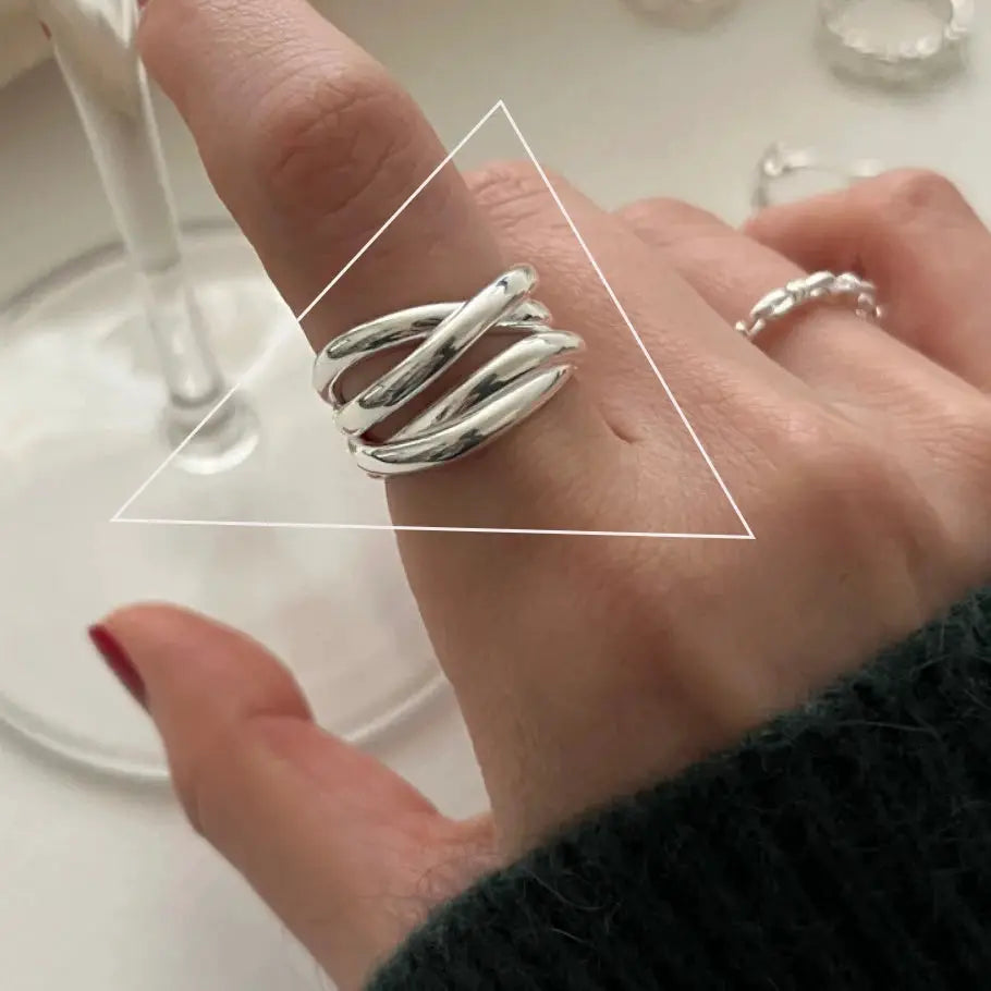 Ventfille 925 Sterling Silver Rings Fashion Hip Hop Vintage Couples Hollow Lines Punk Silver Party Adjustable Jewelry