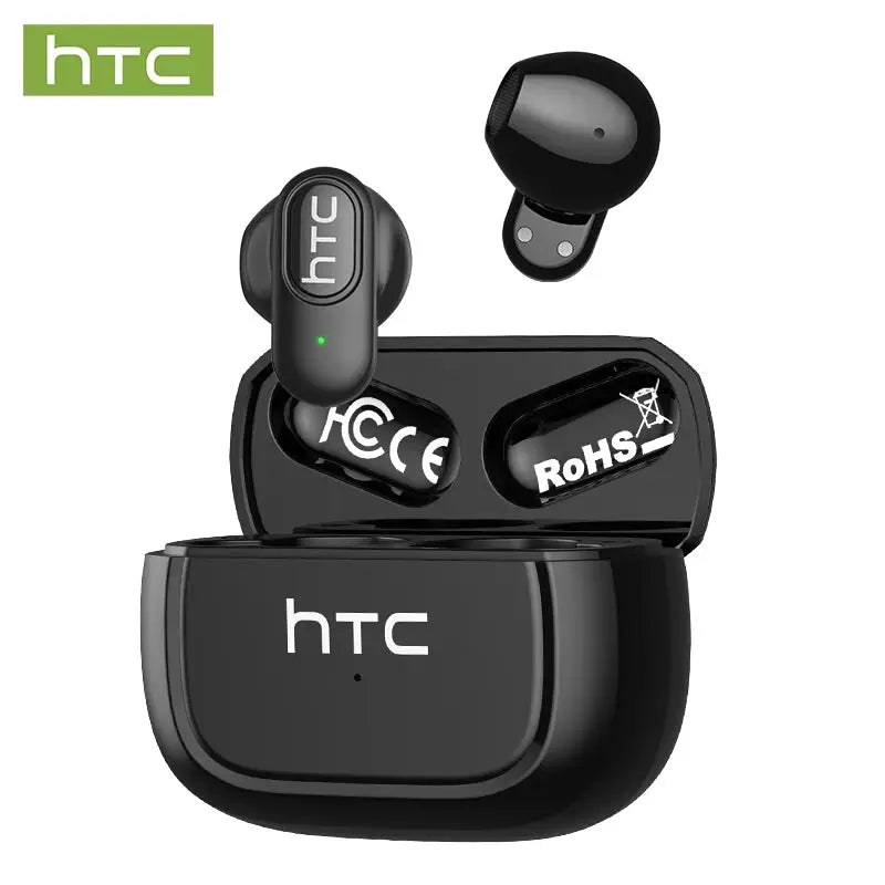 HTC NE51 Bluetooth true wireless earphones with charging case, pair of black earbuds with green LED