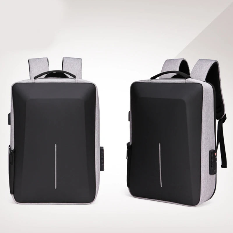 Men's hard-shell travel backpack, black front panel with gray sides, 2 packs shown