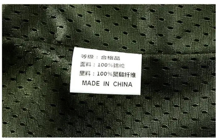 Men's outdoor cargo vest, black mesh breathable sleeveless waistcoat; tag reads Made in China.
