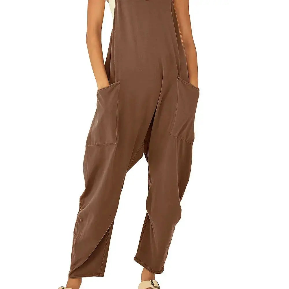 Jumpsuit, brown loose-fit cargo style with patch pockets and suspenders, by Simples Market