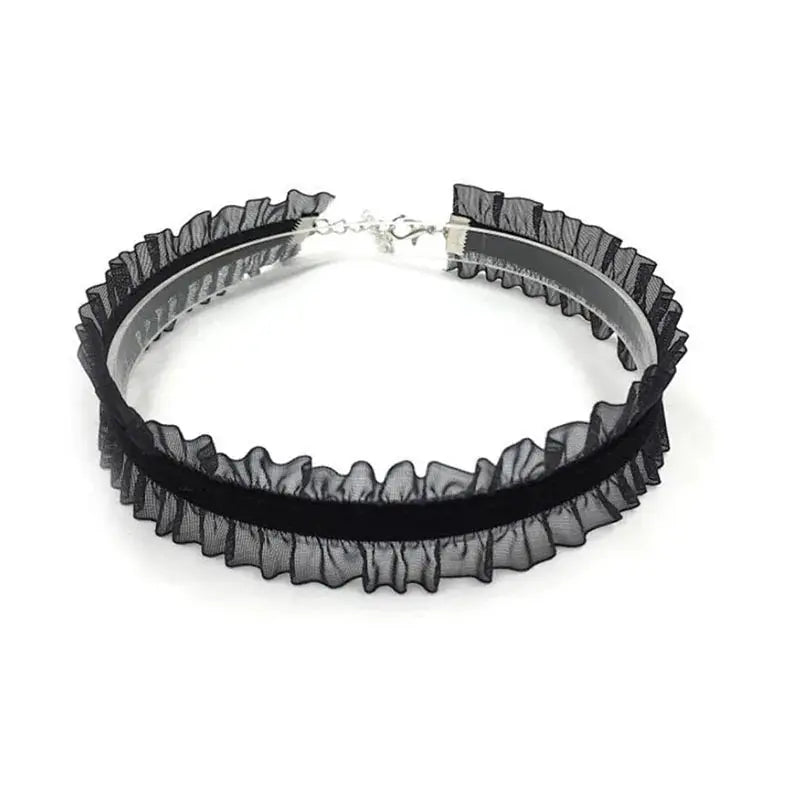 Black lace choker necklace with ruffled trim and adjustable extender chain