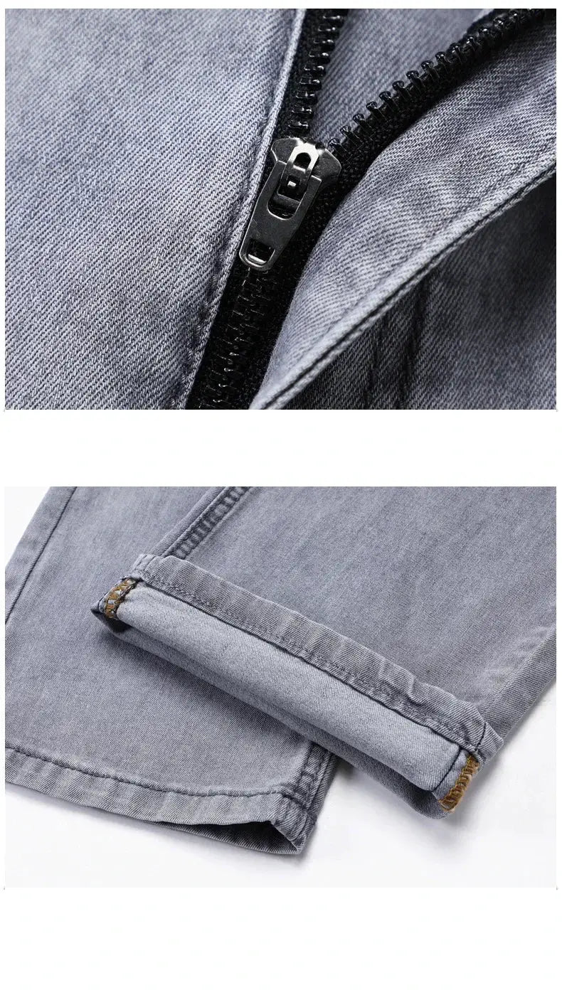 Men's gray elastic cotton jeans by Simples Market; lightweight straight casual pants with zipper fly and cuffed hems.