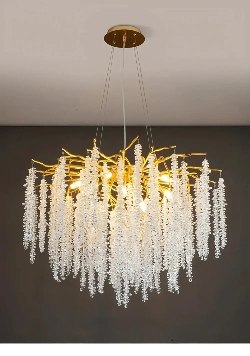 Modern crystal chandelier with gold-tone branches and cascading crystal beads, LED pendant light for living and dining rooms
