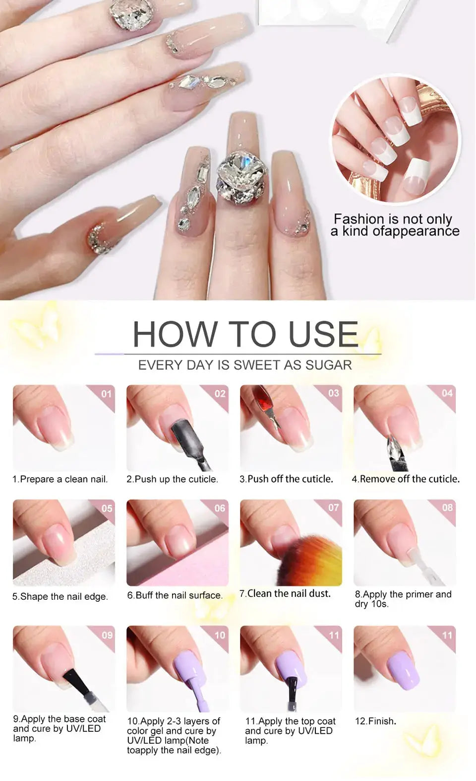 LIMEGIRL gel nail polish kit by Simples Market with UV LED lamp; nude nails with crystal accents and a guide.