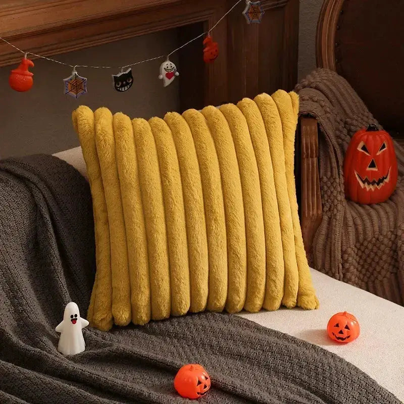 Faux rabbit fur cushion cover in yellow, plush ribbed striped decorative pillow for sofa